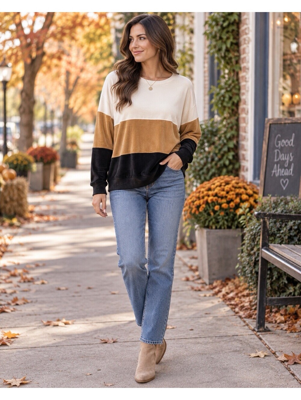 Wonderly Womens Large Colorblock Velour Sweatshirt Cream Tan Black NWT
